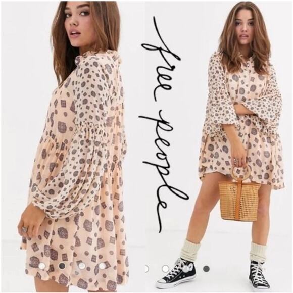 Free People Turn Turn Mini Dress Tea Combo Balloon Sleeve Boho S Oversized - Picture 1 of 8
